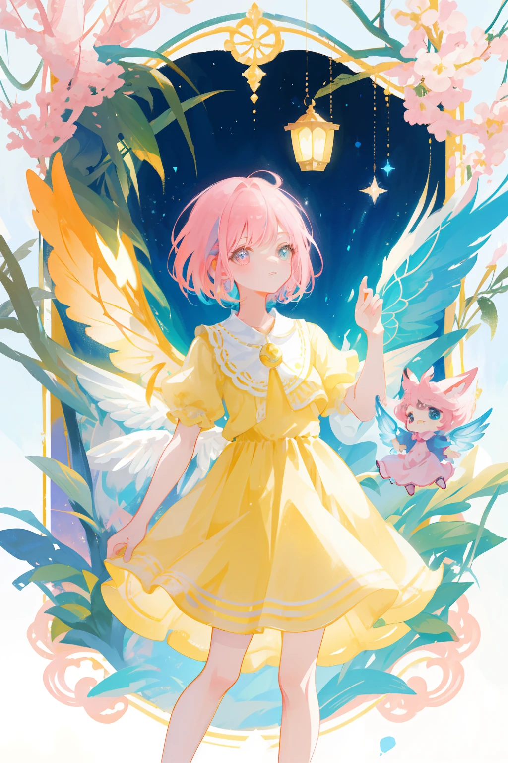 In the enchanting realm of fantasy, a charming fairy with short pink hair takes center stage. Dressed in a simple, yet captivating short-sleeved yellow dress, she is a delightful sight to behold. Her wings, a vibrant array of colors, add a touch of magic to the scene. The background comes alive with various poses and expressions of other fairy friends, each adding their unique charm to the children's book illustration. The artwork exudes a warm and inviting feel, perfect for a 6-year-old audience, with colors that pop and a white backdrop that ensures no duplication. This simple, cute creation is sure to captivate the hearts of