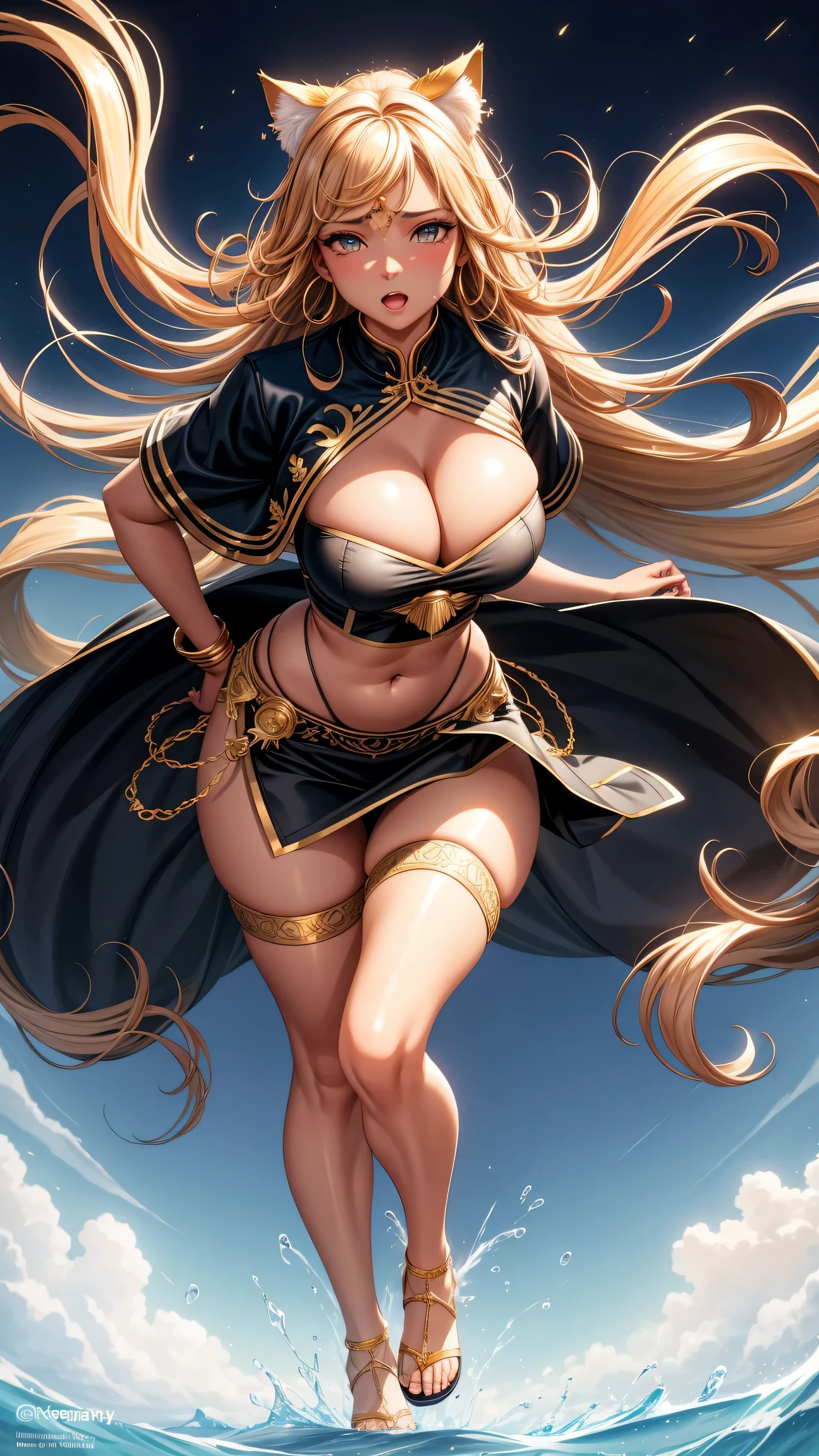 (best quality:1.5, highres, UHD, 4K, detailed lighting, shaders), brown wavy hair, gradient hair, cat ears, large breasts, large butt, big thighs, mature indian woman, woman stretch jersey, small black skirt, white panties, black skirt, (pov), full body, white background, colorful eyeshadow, dramatic lighting, sparkling eyes, confident expression, golden earrings, flowing hair, delicate facial features, dark skin, high cheekbones, stylish clothing, urban setting, white background