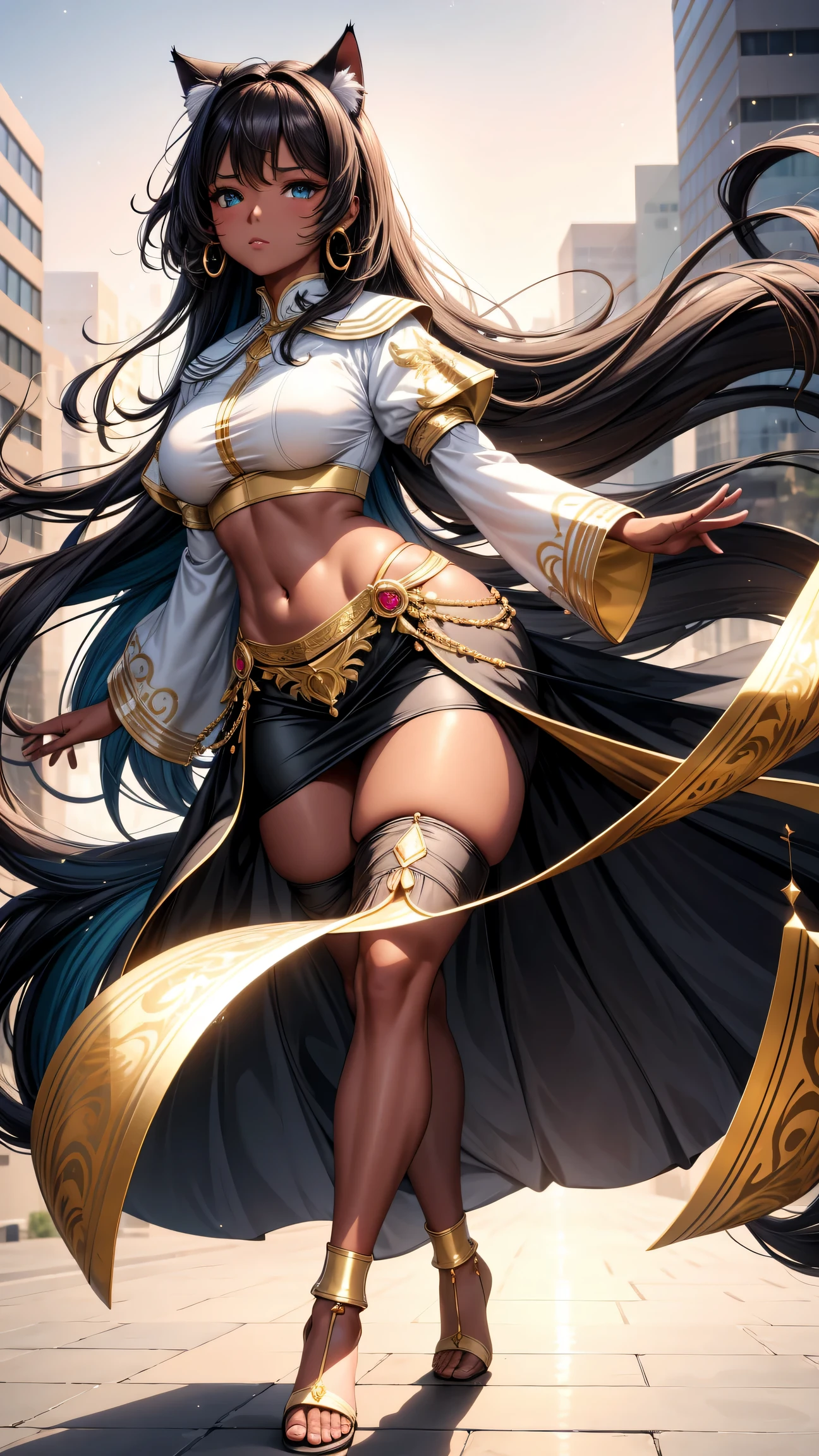 (best quality:1.5, highres, UHD, 4K, detailed lighting, shaders), brown wavy hair, gradient hair, cat ears, large breasts, large butt, big thighs, mature indian woman, woman stretch jersey, small black skirt, white panties, black skirt, (pov), full body, white background, colorful eyeshadow, dramatic lighting, sparkling eyes, confident expression, golden earrings, flowing hair, delicate facial features, dark skin, high cheekbones, stylish clothing, urban setting, white background