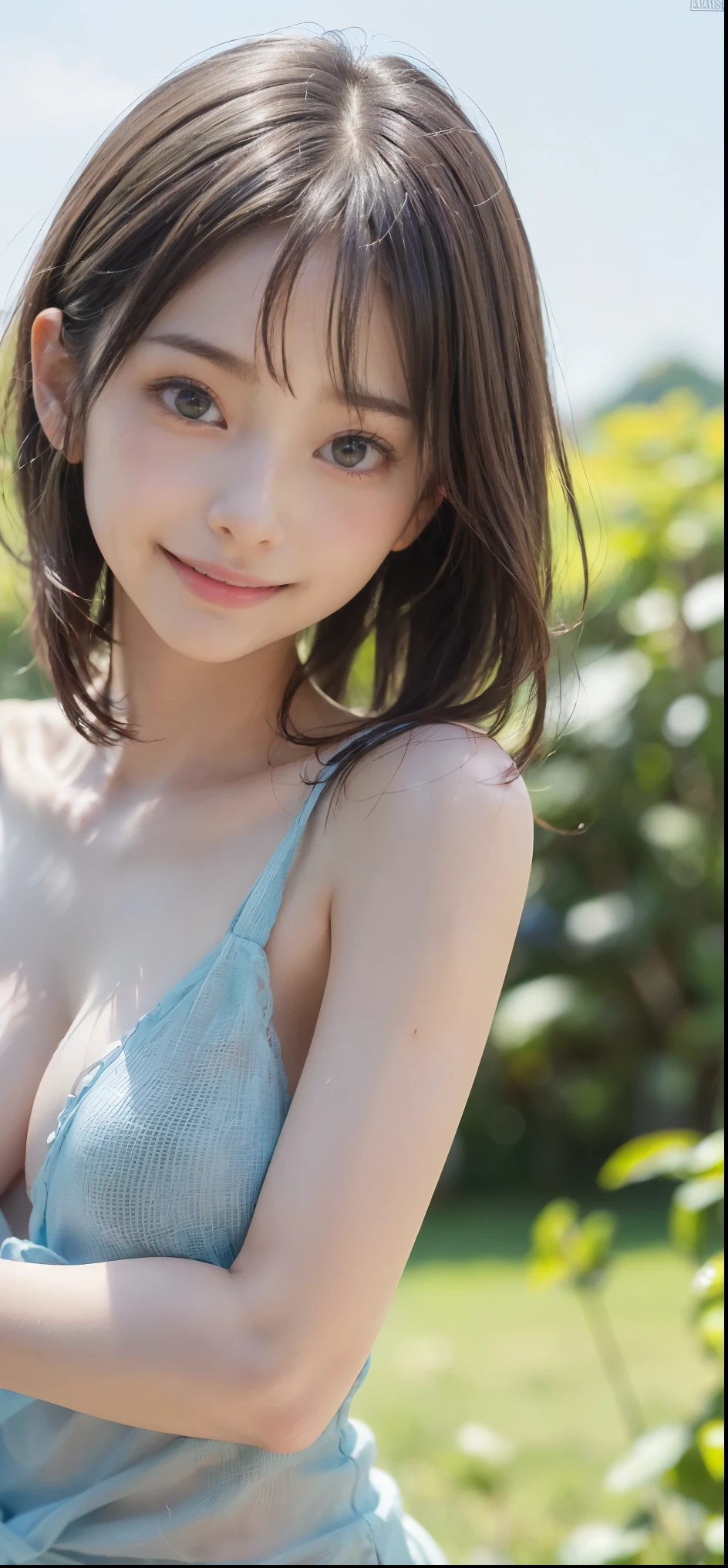 ((超絶highest quality、Drawn details),(Upper body shot from the front diagonally:1.4),(Diagonal front horizontal camera:1.4),(Center of gravity on one leg:1.9),(Upper body stand:1.5),(full nude:1.8 ),(table top, highest quality:1.2), 8K, (thin:1),(A slender 16-year-old beautiful girl:1.8), 85mm, official art, RAW photo, absurd、Super beautiful and cute face, (Close-up of super beautiful big breasts), A depiction of super beautiful sagging big breasts、(Small thin thighs 1.8),(small ass), All 7 S Bian, , gardenia, (Skinny Slender Beautiful Girl:1.4), thin小さな太もも,, (Beautiful deep green detailed blue sky in early summer on wide grassland,:1.1), Looking at the sky, no makeup, (red cheeks:0.4), (Shy smile:1.4),(embarrassed face:1.4), (happy face smile:0.4), film grain, chromatic aberration, sharp focus, face light, clear lighting, beautiful and detailed sky,:1.1, Detailed Face, Background,1 girl , (full nude:1.4), , eyes are brown, ,highest quality, Breasts out, (thin:1), The wind is blowing strongly,fluttering hair、hair blowing in the wind、