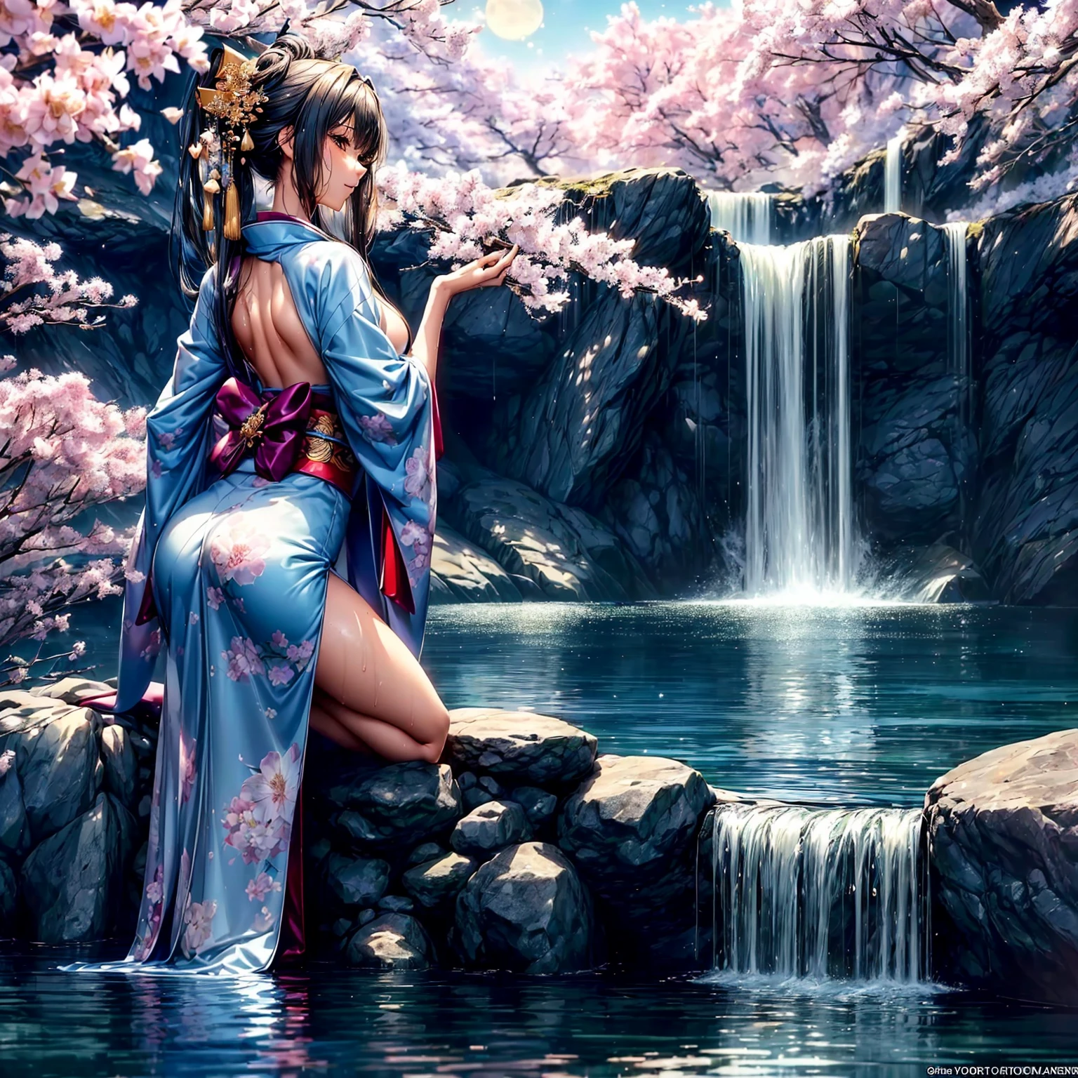 (((highest quality、masterpiece、highly detailed images,very high resolution)))、(There is one woman with perfect and ultimate beauty.:18-year-old:beautiful body:Slender and beautiful breasts、beautiful face:smile、beautiful eyes:beautiful eyes、beautiful hair:Japan hair ornament、best skin and hair texture)、(Beautiful Japan kimono:Japanese patterns and colors:Kimono sleeves and obi are long,shoulders are exposed,I can see the cleavage,Thighs are visible,I can see your back,whole body),((Mysterious waterfront:There are beautiful weeping cherry blossoms and a waterfall.,Fantastic night sky and beautiful starry sky,beautiful scenery,beautiful scenery,Beautiful colors))、bijinga,((beautiful pose:Sit by the water,from various angles、Photographing a Model)),back shot,Wet expression、Wearing a kimono,Overall image、accurate anatomy:1.2、accurate image:1.2、perfect image、Image without defects、natural soft light、beautiful images、(best shot,RAW photo),