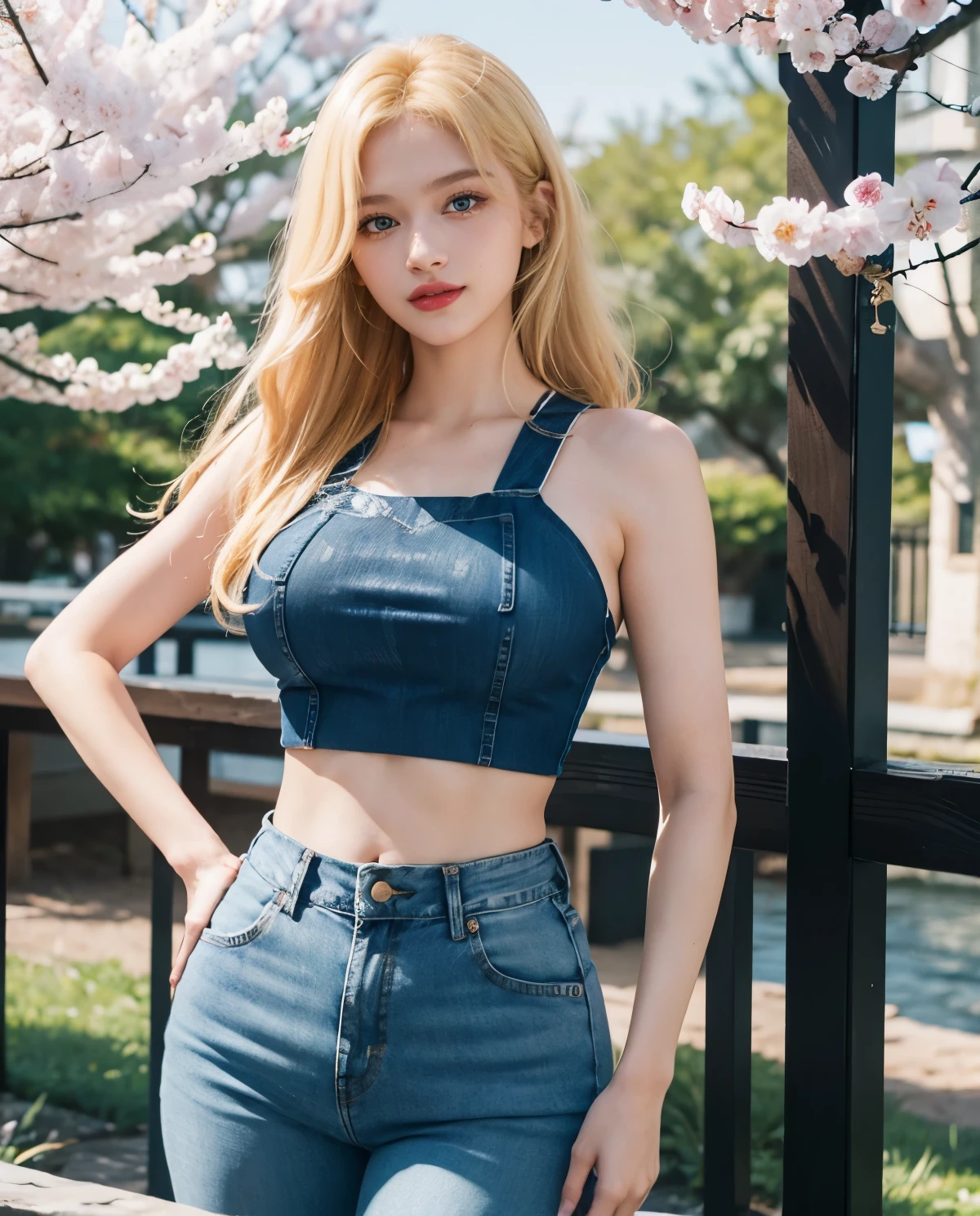 1girl, Blue eyes, (smile), (Sana Minatozaki), wide hips, Big , (big ass :1.1), (Best Quality, 8k, Masterpiece: 1.3), perfect hands, Clear Focus: 1.2, Perfect Body Beauty: 1.4, strong abs :1.2, Highly detailed face and skin texture, detailed eyes, double eyelids, red lips, (blonde long hair :1.2), (blue tubetop :1.1), (jeans), walking, in a sakura park
