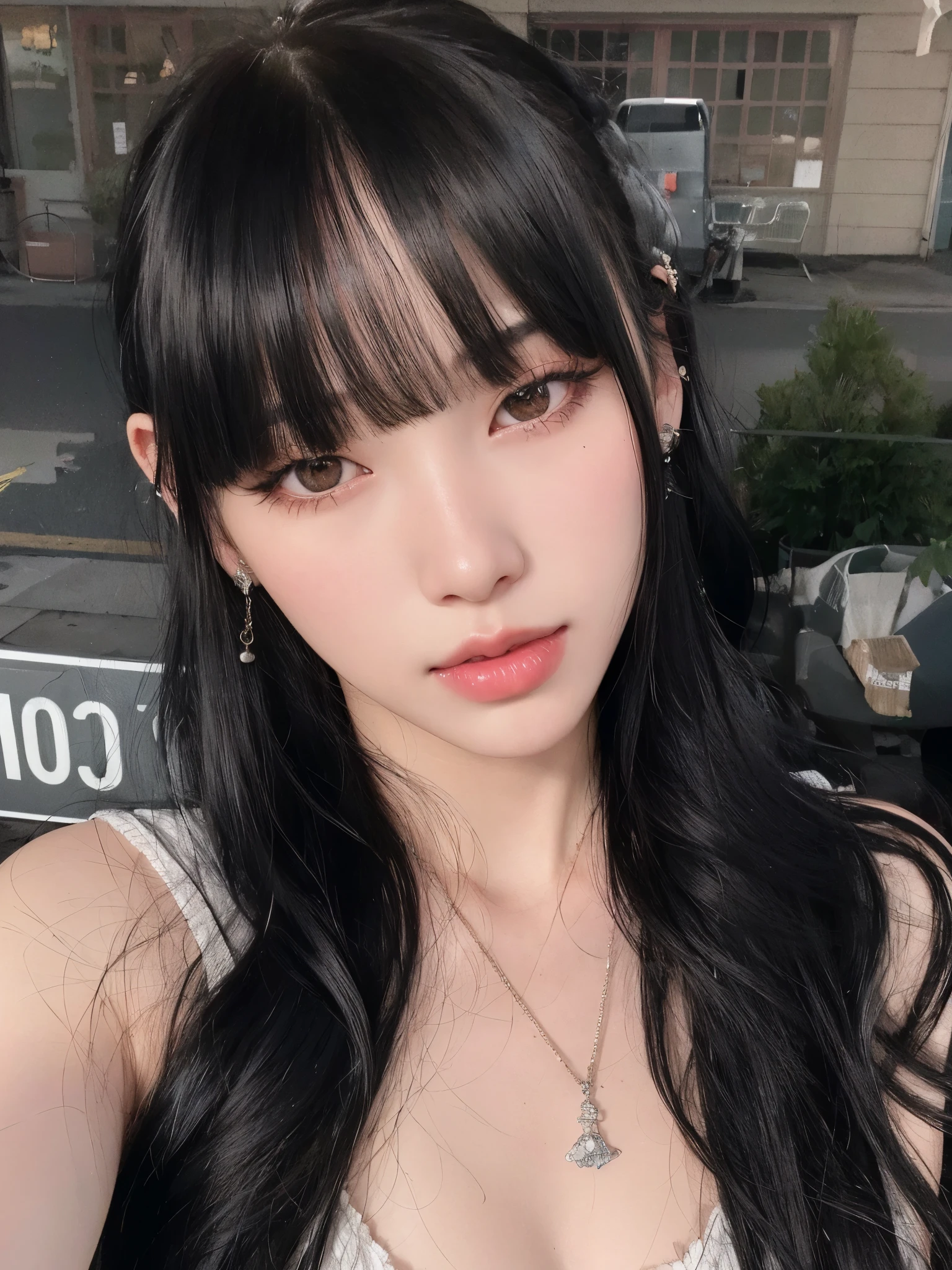 a close up of a woman with long black hair wearing a necklace, ulzzang, she has black hair with bangs, long black hair with bangs, black hair and large eyes, young adorable korean face, long dark hair with bangs, beautiful aesthetic face, girl cute-fine-face, with long hair and piercing eyes, korean girl, cruel korean goth girl
