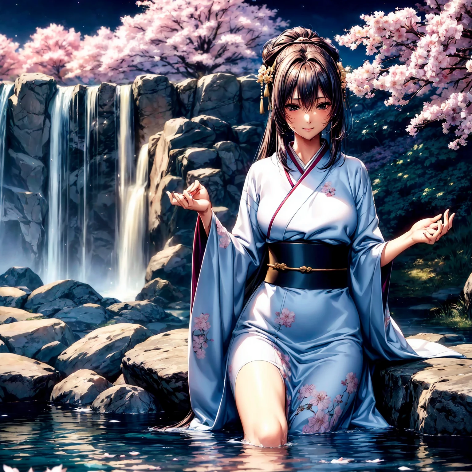 (((highest quality、masterpiece、highly detailed images,very high resolution)))、(There is one woman with perfect and ultimate beauty.:18-year-old:beautiful body:Slender and beautiful breasts、beautiful face:smile、beautiful eyes:beautiful eyes、beautiful hair:Japan hair ornament、best skin and hair texture)、(Beautiful Japan kimono:Japanese patterns and colors:Kimono sleeves and obi are long,shoulders are exposed,I can see the cleavage,Thighs are visible,I can see your back,whole body),((Mysterious waterfront:There are beautiful weeping cherry blossoms and a waterfall.,Fantastic night sky and beautiful starry sky,beautiful scenery,beautiful scenery,Beautiful colors))、bijinga,((beautiful pose:Sit by the water,from various angles、Photographing a Model)),back shot,Wet expression、Wearing a kimono,Overall image、accurate anatomy:1.2、accurate image:1.2、perfect image、Image without defects、natural soft light、beautiful images、(best shot,RAW photo),
