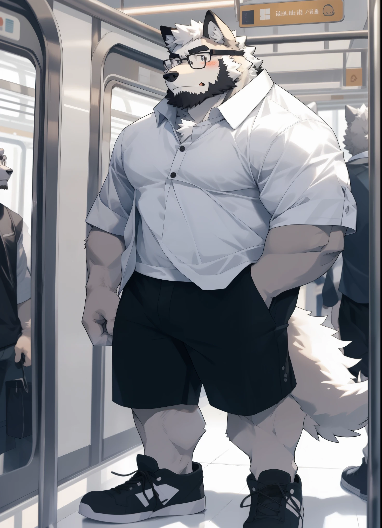 hairy,(Wolf,Black-rimmed glasses,White short sleeves,Gray long sleeve shirt jacket,rolled up sleeves,shorts,Board shoes,white socks),beard,white fur,male,Common,full body picture, dynamic poses,On the subway,standing,blush,shy expression,detailed background,极其lifelike阴影,masterpiece,Very detailed,lifelike