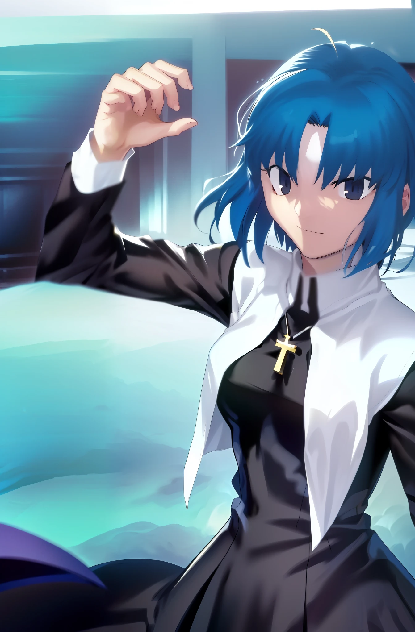Takeuchi Takahashi, (best quality, 4k, 8k, highres,masterpiece:1.2), (ultra-detailed:1.5), ciel_(tsukihime), (long black dress:1.4), chain, (gold small latin cross:1.5), nun, symmetrical,