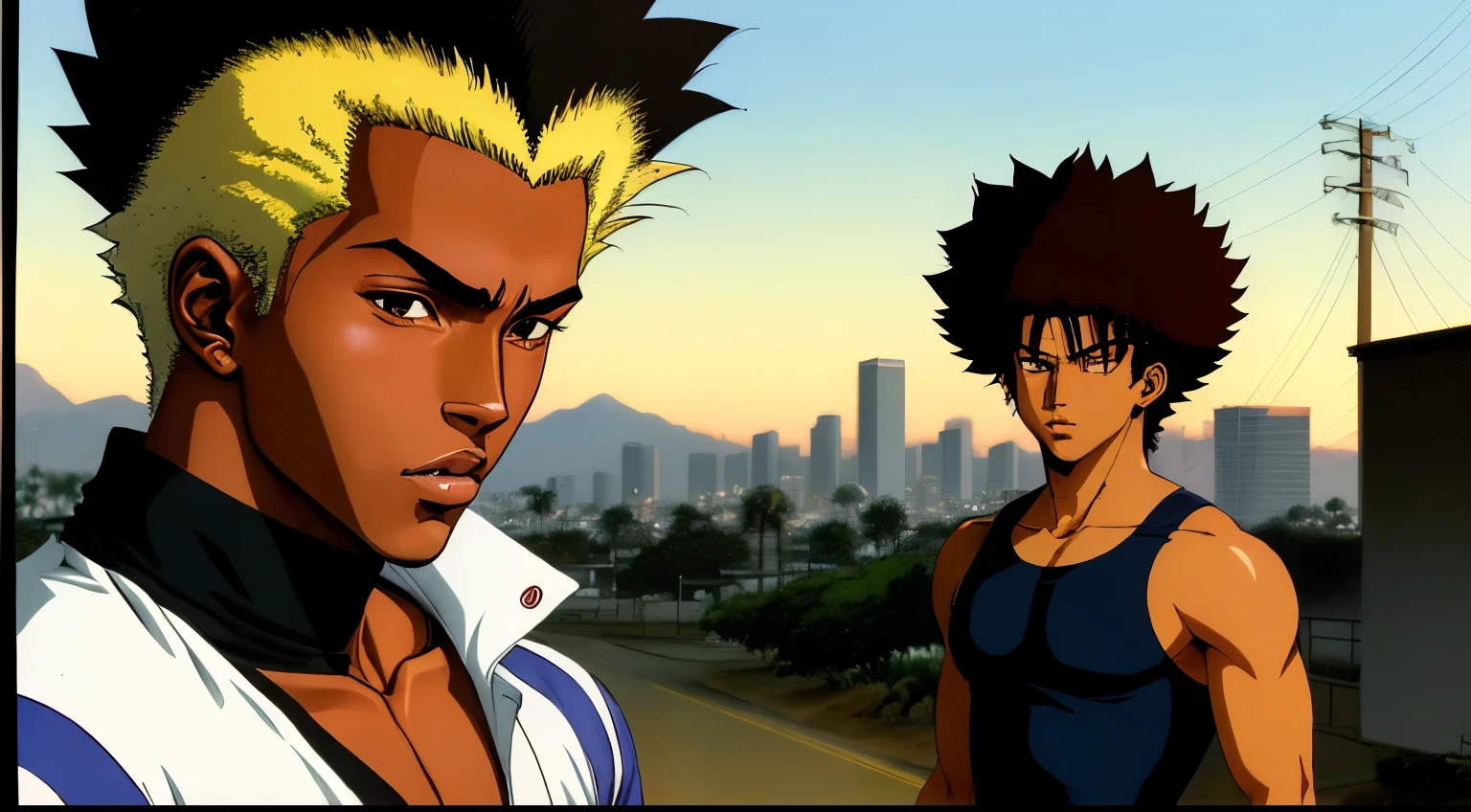 ((estilo anime dos anos 90)), Ultra detailed illustration of a dark-skinned teenage gangster with dark afro hair wearing 1990s clothing, em Los Angeles 1990, ((arte de Masakazu Katsura)), Akira, cowboy bebop, samurai champloo, trigun , Vampire Hunter, rosto ultra detalhado, linhas de tinta em negrito, cel shaded, cores suaves e suaves, lomographic colors, vintage quente, vinheta escura