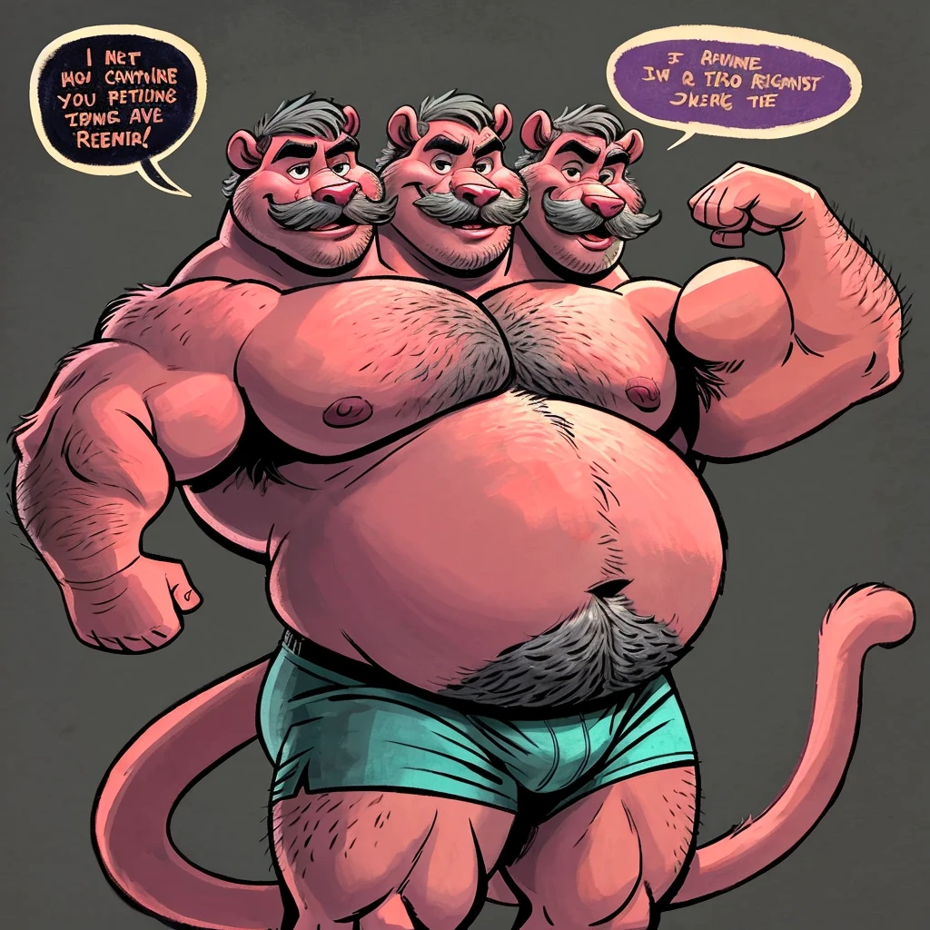 solo, three headed pink panther conjoined triplet brothers, adult male, hairy, detailed eyes, (by dramamine), by disney, by pixar, by rembrandt, (identical:1.9), obese, gray background, shirtless, boxers, speech bubbles:1.5, correct hands, ultradetailed, exaggerated pose, ((flexing muscles)), ((thin mustache)), gray hair, ((tail))