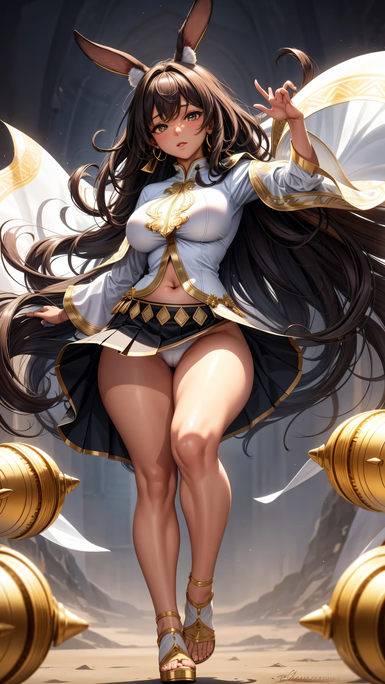 (best quality:1.5, highres, UHD, 4K, detailed lighting, shaders), brown wavy hair, gradient hair, rabbit ears, large breasts, large butt, big thighs, mature indian woman, woman stretch jersey, small black skirt, white panties, black skirt, (pov), full body, white background, colorful eyeshadow, dramatic lighting, sparkling eyes, confident expression, golden earrings, flowing hair, delicate facial features, dark skin, high cheekbones, stylish clothing, white background