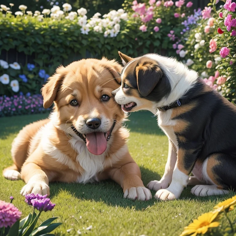 Dog puppy biting the ear of a small cat, in a beautiful garden full of flowers
