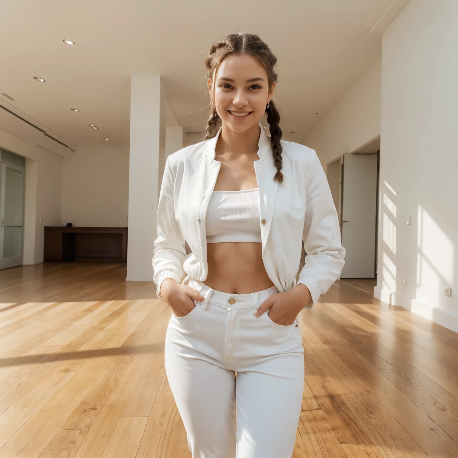 Image of a beautiful and sensual 23-year-old girl without strabismus with hair combed in two braids wearing tight white cotton pants and a white cotton jacket,  who is standing smiling outside an elegant event hall on a summer morning 