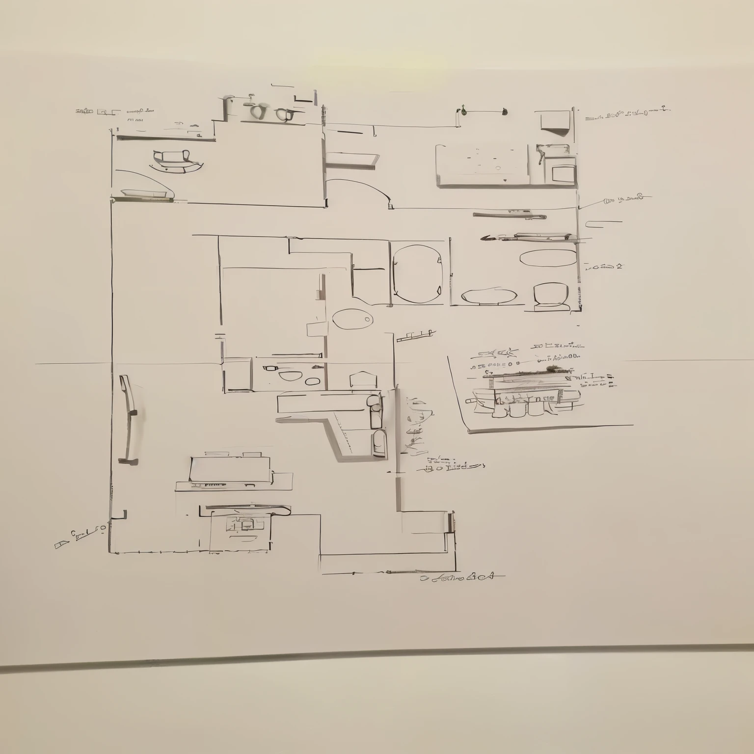 un dibujo de una cocina con fregadero, estufa, refrigerador y refrigerador, Planos detallados y notas, Dibujo de planos, Location in an apartment, Apartamento de un estudiante de arte, Dibujo conceptual, Proyectos dibujados en papel, architectural concept, Apartment design, Architectural drawing, Petspective room layout, arhitectural shot, Trazado del mapa, Furniture design sheet, simple bionic exploded drawing, Architectural sketch
