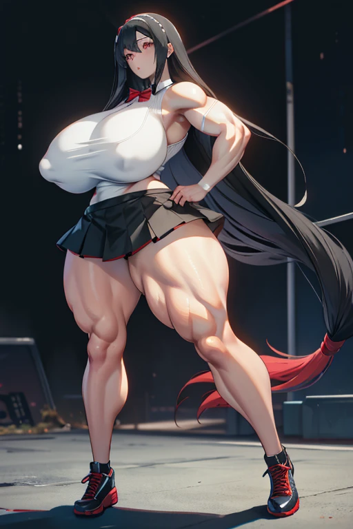Best quality,8K,ultra high res:1.5), (Pretty very very long straight hair tied with red ribbon girl),(Huge breasts:1.20),(very voluptuous body),(very voluptuous thigh),(body builder girl:1.5),(wide muscle:1.8),(shocked expression),(eyes to camera),(light black hair),(red short skirt),(black shoes),(blue eye ball),(standing),(blue school uniform),(back view)