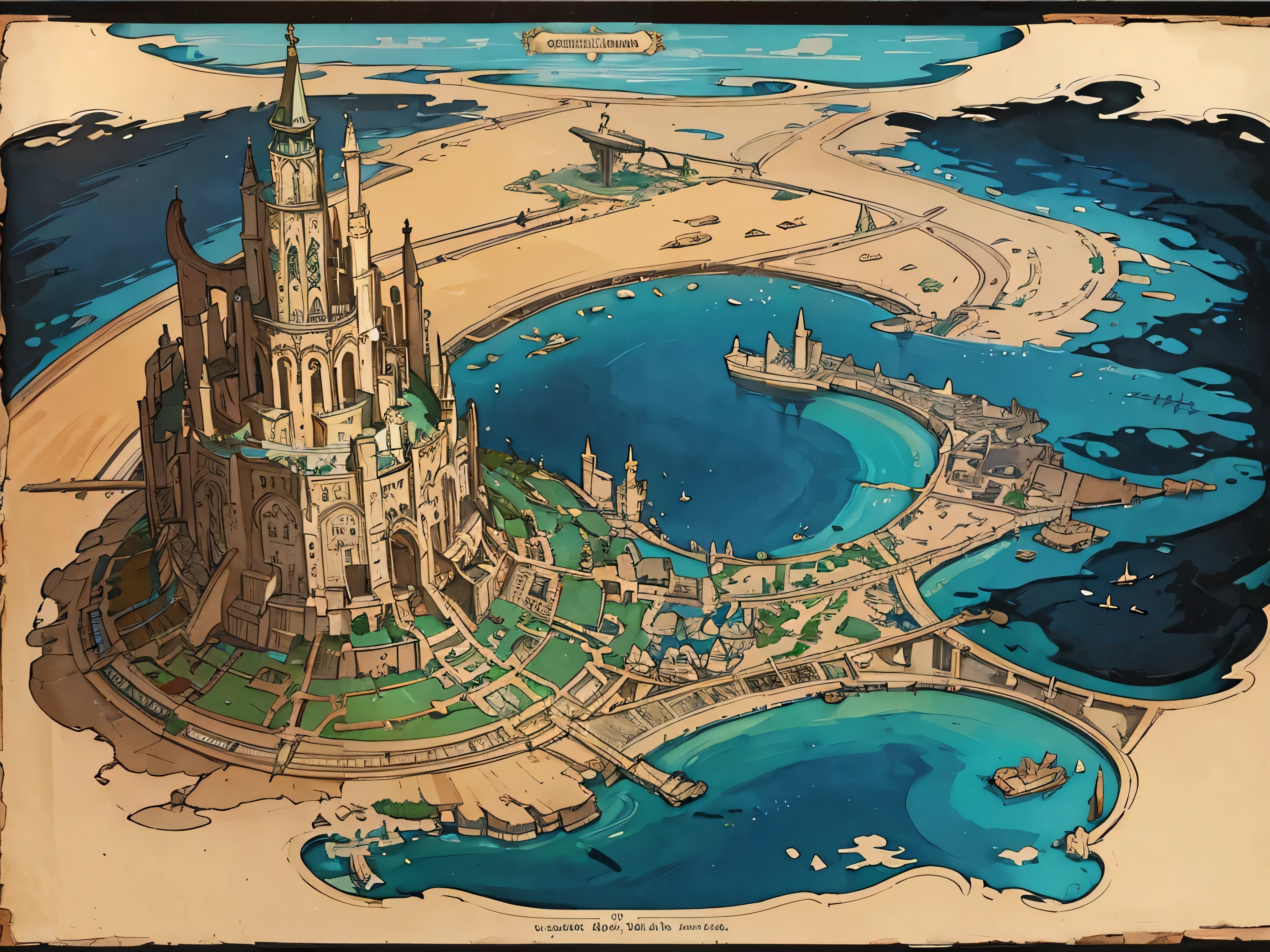 Vintage map of Atlantis before the Flood in steampunk style, displaying the boundaries of the entire map. mixed media, including wet-on-wet watercolor., architectural drawing, calligraphic text and lines, pen (ink), colored markers, old paper. Sharp Focus, a high resolution, intricate and colorful details
