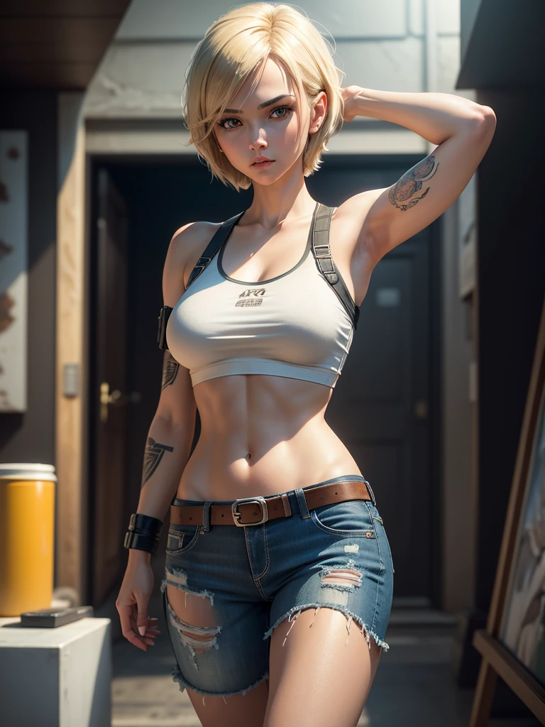 Best Quality, hight resolution, and18, 1girl in, Android 18, Solo, Blonde hair, Blue eyes, Short hair, earrings, Jewelry, Denim Vest, open vest, Black pantyhose, Black shirt, jean skirt, Striped long sleeves, Blue skirt, medium breasts, Cowboy Shot, Street, (Externally expanded Chest: 1.2)