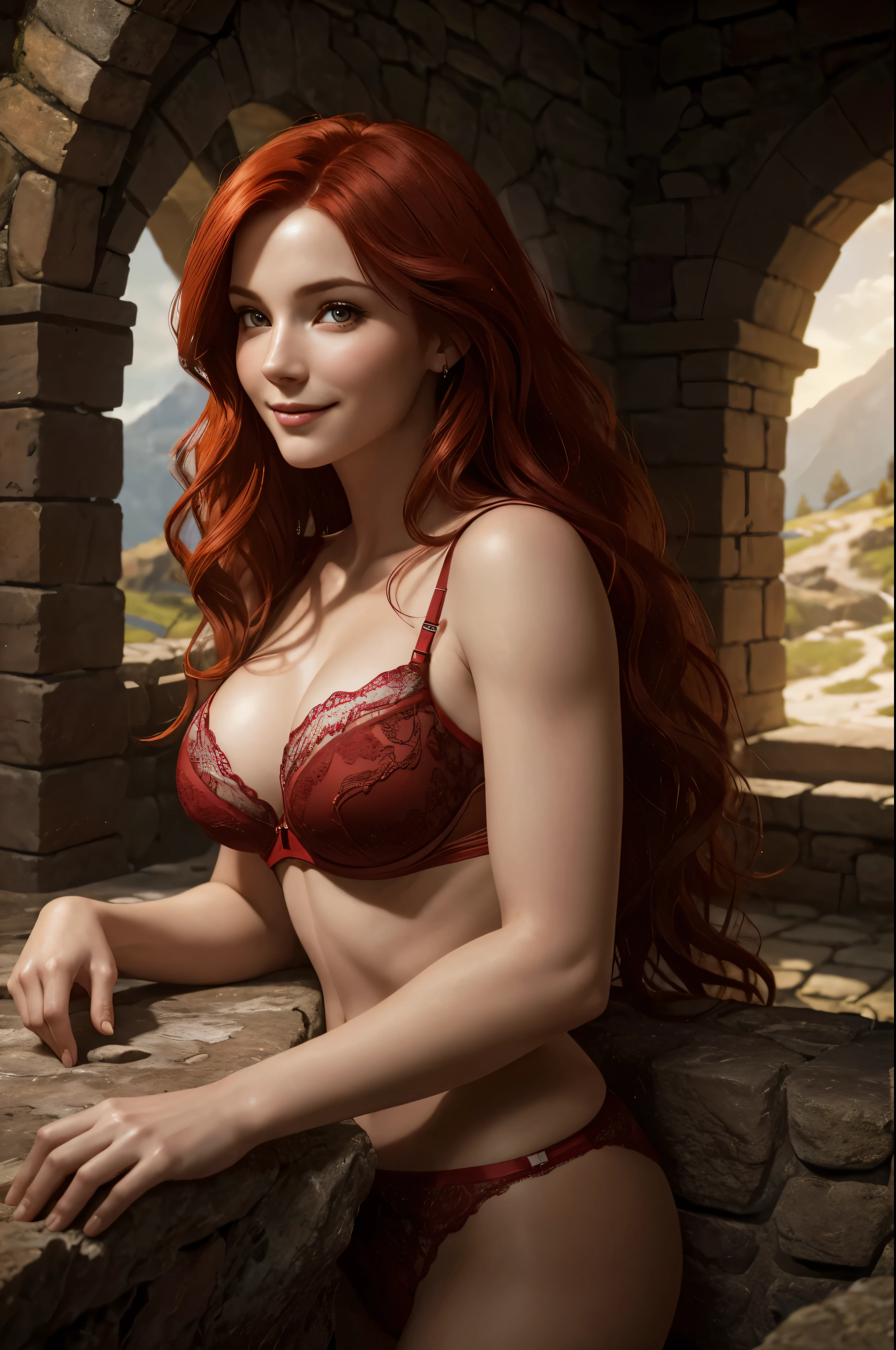 Triss, flowing wavy red hair, ((beautiful, perfect face)), ((detailed, beautiful, perfect, eyes)), ((lingerie)), smiling, looking at viewer, relaxing in a stone-walled hunting lodge, fun, ((realistic)), dramatic lighting, (depth of field), ((masterpiece)) ((best quality)) ((highly detailed))
