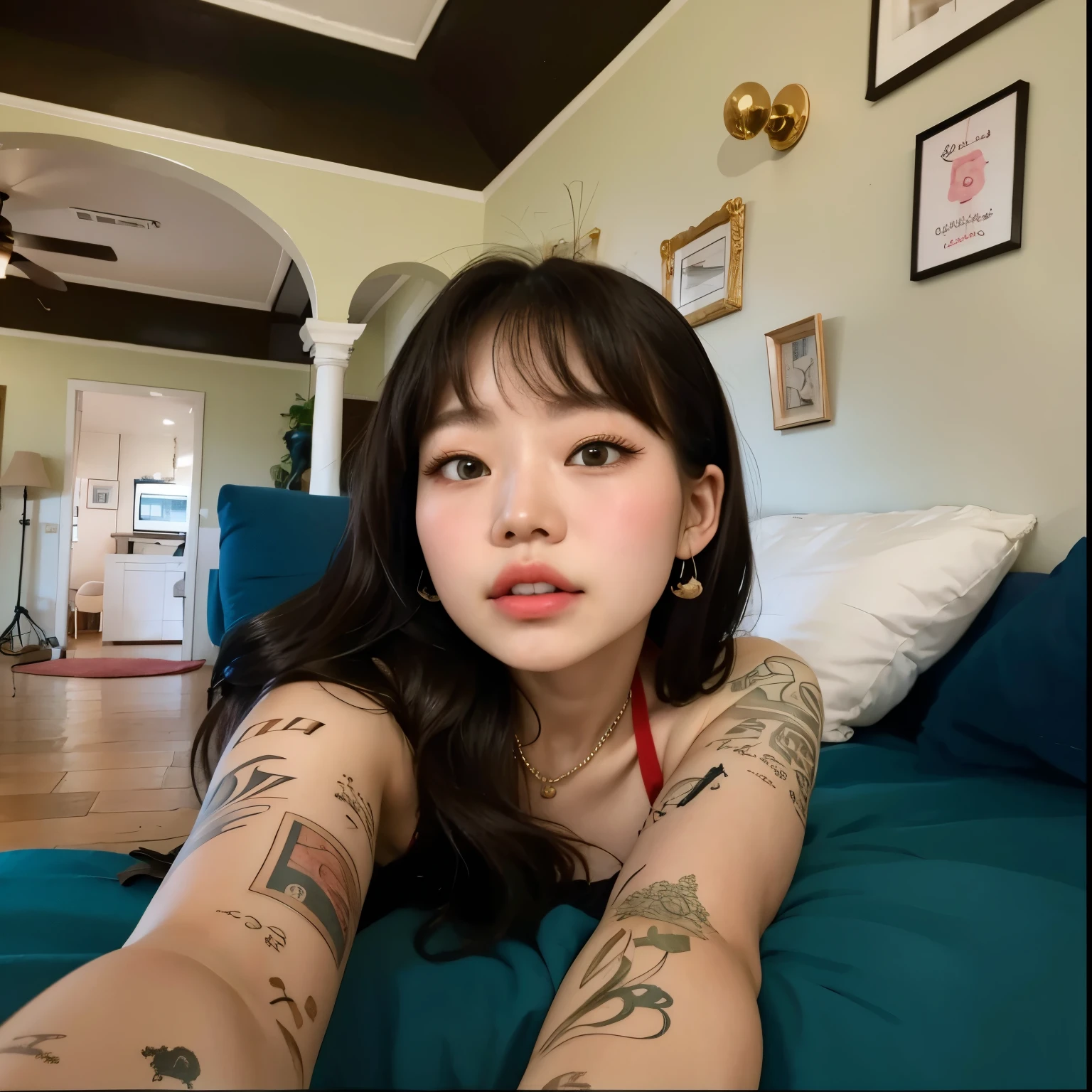 there is a woman com tatuagens on her arms laying on a bed, Ulzzang, of taiwanese girl com tatuagens, young pale and beautiful asian face, 🤤 retrato de ,  coreana, linda jovem coreana, linda jovem coreana, linda mulher sul-coreana, com tatuagens, beautiful asian girl, imagem de perfil, com franja, posando em um quarto