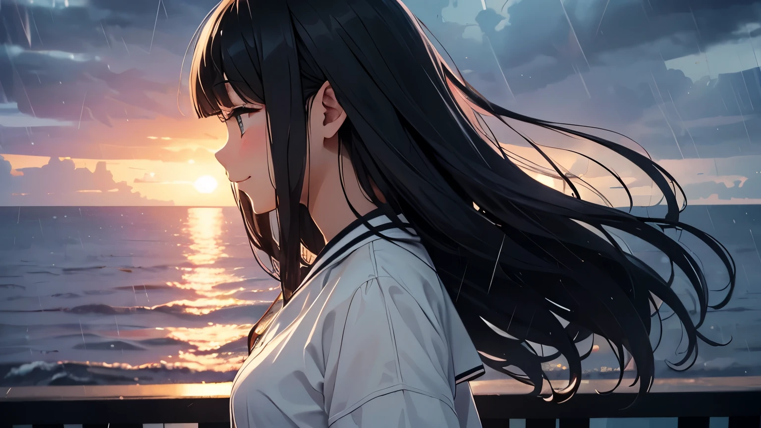 rain、evening、Ocean View、girl、Profile、null、dusk、black hair、high school girl、薄ピンクnull、オレンジのnull、smile