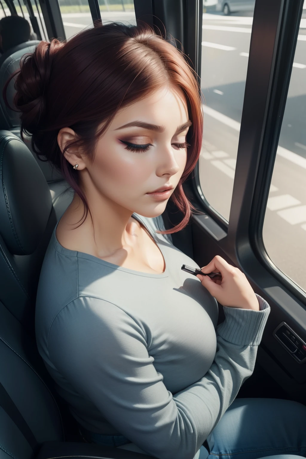 1 beautiful woman, large body, curvy, maroon hair, short hair, face made up, hair tied up in a bun, hair over the face, black low-cut blouse, FINGERS CROSSED, shot from above, top angle perspective, blue jeans, handbag blue, big nails, eyelids made up, eyelids outlined, asleep lying on a bus, head resting on the seat, eyes closed, MOUTH OPEN WIDE, (Very intense makeup))