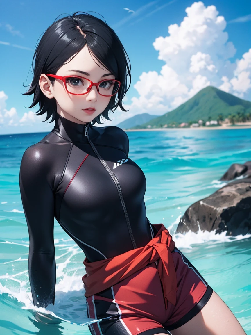 Sarada Uchiha with short hair, black eyes, wearing prescription glasses. She is wearing a black wetsuit with red details, wearing tactel shorts, wearing a utility belt around your waist, she is on a reef with half her body out of the water, the day is sunny with some clouds, Red lipstick. paradise island in the background.