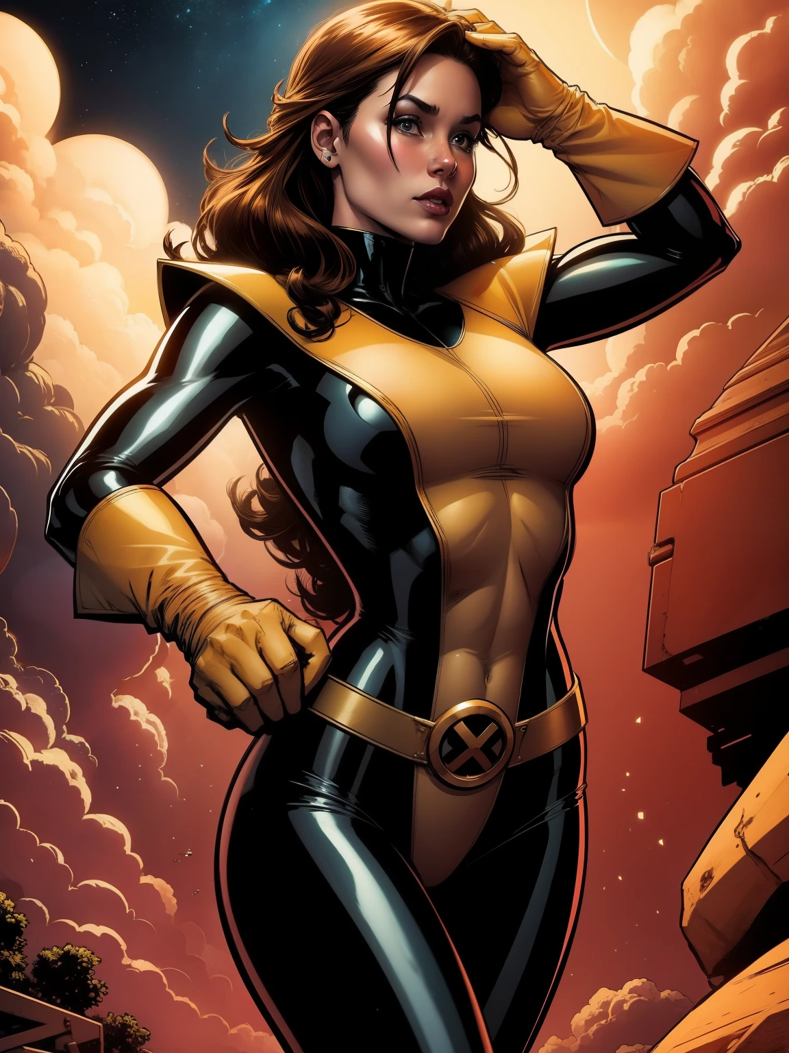 (((A comic style, cartoon art))). Shadowcat Posing for photo in epic heroic pose, wearing his iconic X-Men uniform.  a concentrated expression. The vibrant color combination of the uniform stands out against the background, capturing the dynamic and powerful moment of Kitty Pryde's unique ability. ((Hot Body, camel toes))). ((Comic background )) , vivid colors, detailed, detailed face, realistic shadows and bright, glowing.