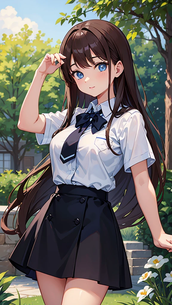 1 girl, big breasts, big blue eyes, brown hair, White Button Shirt, black skirt, school uniform, cute, young, take a pose, very long hair, looking at the viewer, garden