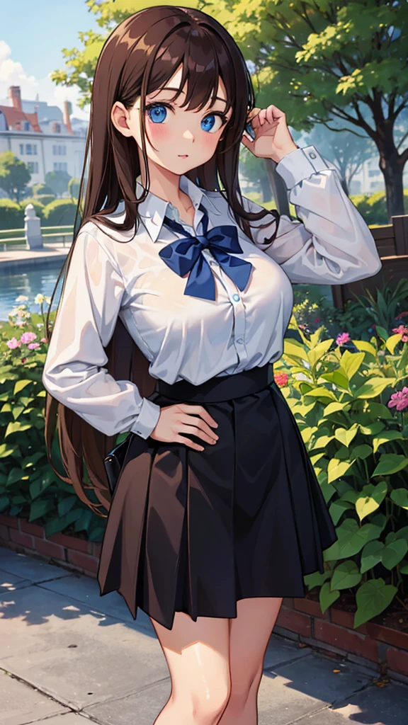 1 girl, big breasts, big blue eyes, brown hair, White Button Shirt, black skirt, school uniform, cute, young, take a pose, very long hair, looking at the viewer, garden