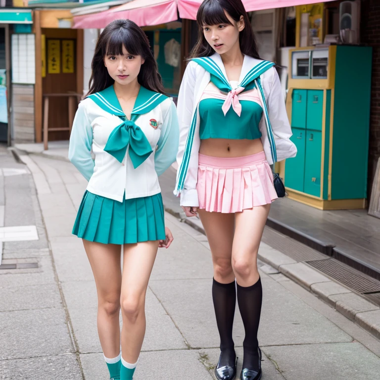 45 year old half-naked fair-skinned Japanese beauty。Show big。Turquoise sailor uniform with open front。Crotch exposed。Turquoise pleated skirt with open front。Glamorous whole body with big breasts and pubic hair exposed。Shocking pink thin panties。Black leather shoes。The background is a city sidewalk。