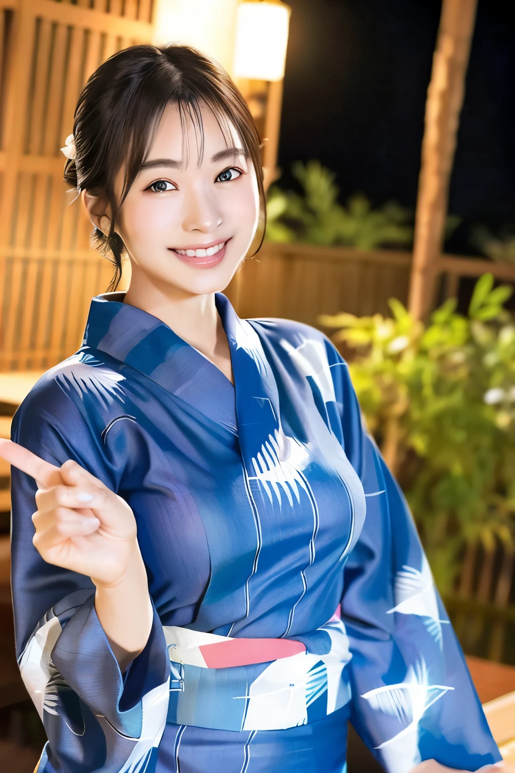 Ulchan-6500-v1.1, (RAW photo:1.2), (Photoreal), beautiful detailed girl, (genuine: 1.4), very detailed目と顔, ((Special air oral yukata:1.3))、Fireworks in the background、Self snap, Instagram、game_nffsw, huge file size, High resolution, very detailed, highest quality, [masterpiece:1.6], enlightenment, very detailed, nffsw, finely, highest quality, 8k wallpaper, movie lighting, 1 girl, 17 years old, perfect body shape, cute droopy eyes beautiful big eyes、Pieck finger, ((table top)), highest quality, eye shadow, portrait, ((full body shot:1.4))、(very affectionate smile:1.2)、realistic skin texture、shiny skin、