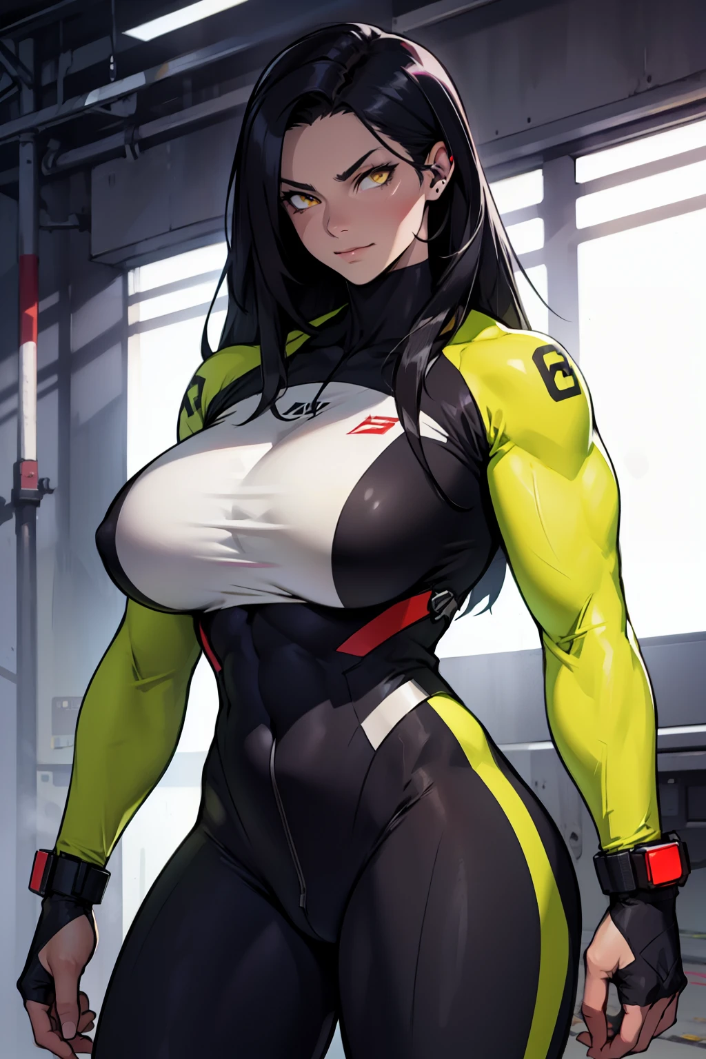 rape face black hair yellow eyes pale skin muscular huge thighs breasts huge muscles toned body woman bodysuit
