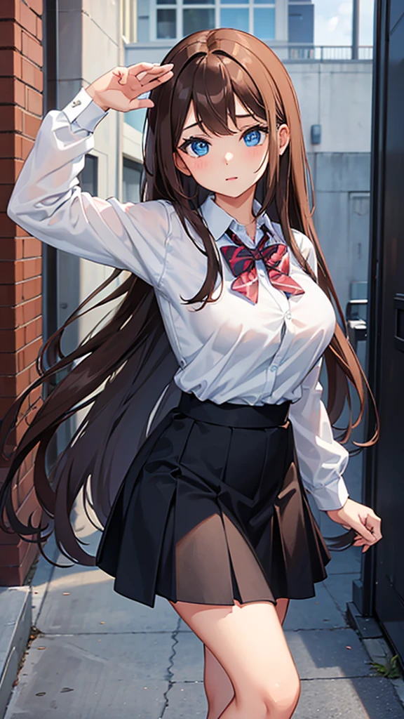 1 girl, big breasts, big blue eyes, brown hair, White Button Shirt, black skirt, school uniform, cute, young, take a pose, very long hair, looking at the viewer