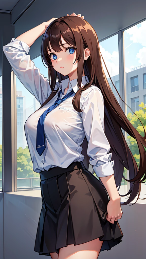 1 girl, big breasts, big blue eyes, brown hair, White Button Shirt, black skirt, school uniform, cute, young, take a pose, very long hair, looking at the viewer