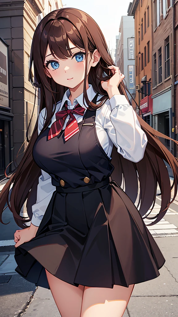 1 girl, big breasts, big blue eyes, brown hair, White Button Shirt, black skirt, school uniform, cute, young, take a pose, very long hair, looking at the viewer