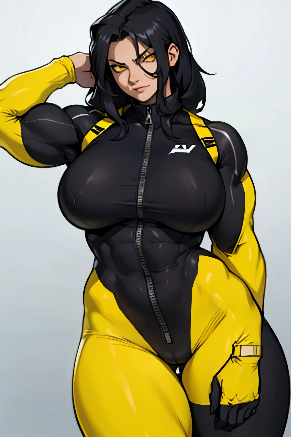 rape face black hair yellow eyes pale skin muscular huge thighs breasts huge muscles toned body woman bodysuit