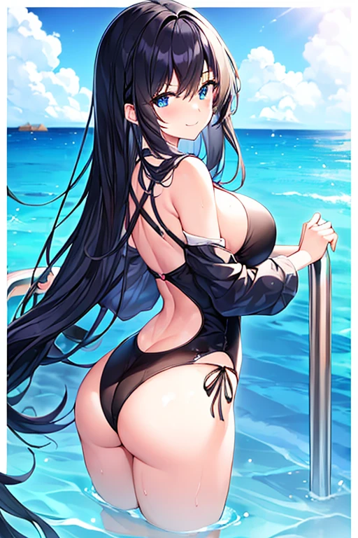 1girl, black hair, long hair, dark blue hair, large breasts, wide hips, thick thighs, ass, from behind, one-piece swimsuit, competitiom swimsuit, black swimsuit, blue trim, blue eyes, submerged, pool, smile