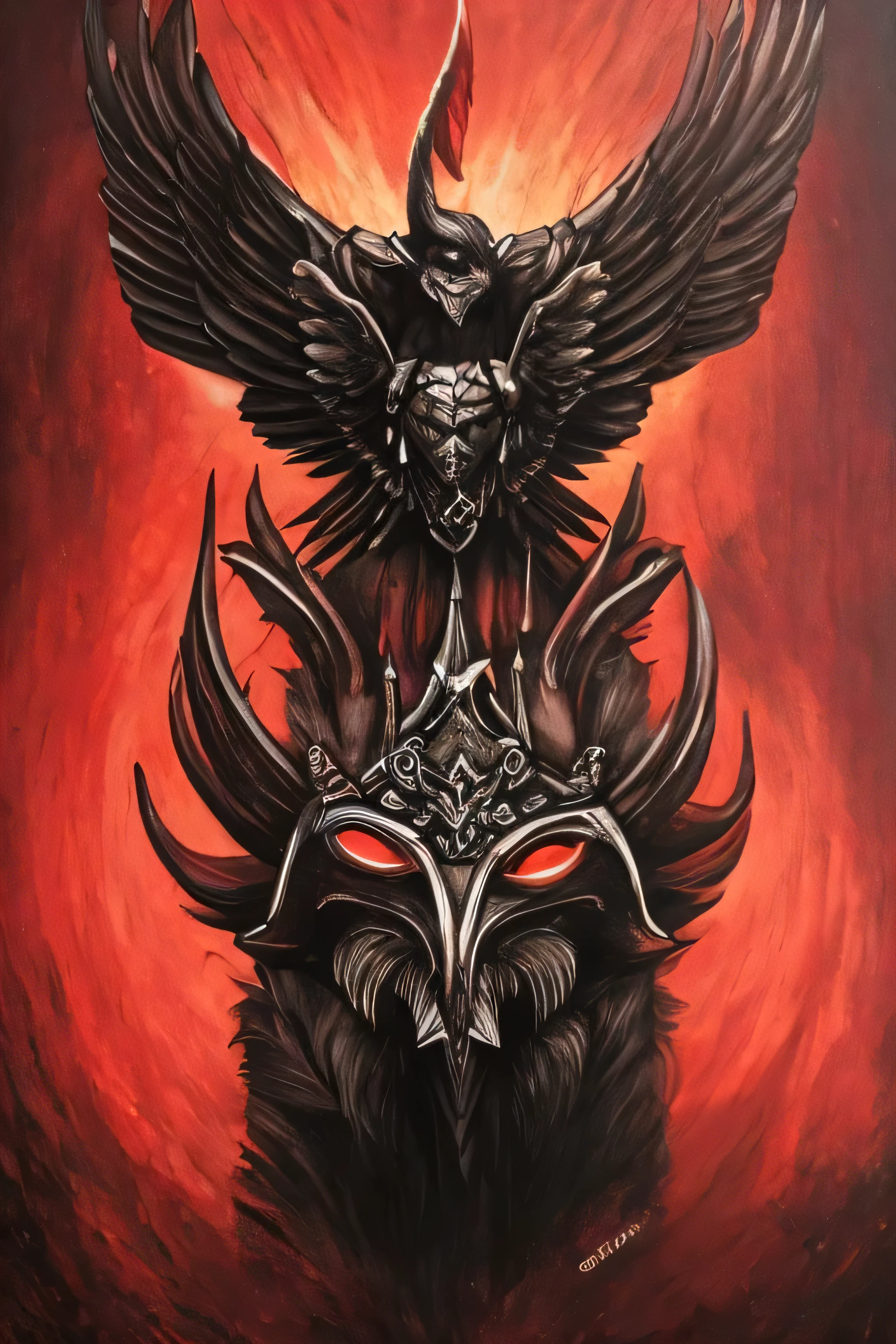 ddemonio mask with a condor on its head,illustration,oil painting,high resolution,ultra detallado,Realista:1.37,Dark and mysterious lighting,tono de color rojo y negro,Sharp focus,sinister atmosphere,horror,demonio,symbolic feathers,ojos ardientes,creepy expression,sonrisa siniestra,metallic texture,gloomy background,escena nocturna,larger than life person