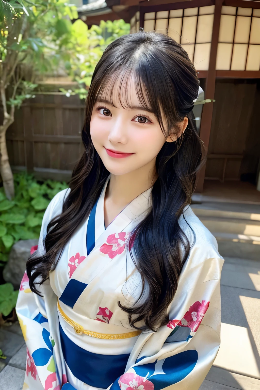 ((kimono))、((24 year old girl))、random pose、(8K、Raw photo、highest quality、masterpiece:1.2)、(realistic、Photoreal:1.37)、super detailed、Super high resolution、、、 Use natural light and color,1 girl,Japanese,cute,black haired,middle hair,,,(Depth of bounds written、chromatic aberration、、wide range of lighting、natural shading、)、、、、、beautiful and detailed face、smile、Beautiful and smooth skin、skin texture、