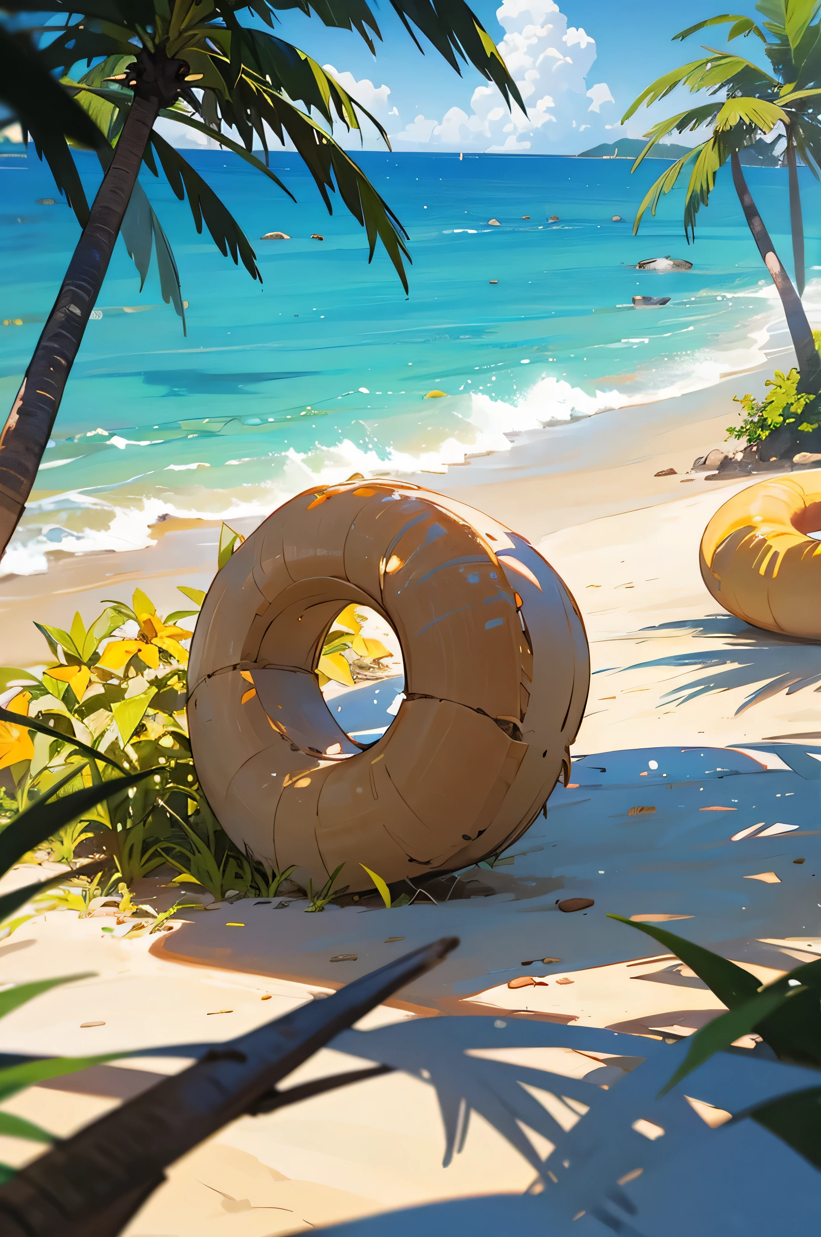 isla desierta, dia soleado, palmeras, conchas, vacio