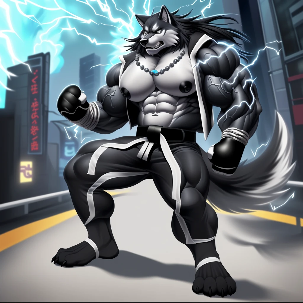 (upload on e621), (Masterpiece), (best quality), (ultra high res), 4K, (8k HD), 2D, (perfect anatomy), (digital art), (official art), (extreme detailed), (ultra detailed), (strapsanime), color, (soft shading), (sharp focus), (((excessive silver electricity aura both fists)), (((tokyo city background))), 1man, dark black body fur, (((dark black muscular arms))), silver pecs and belly, detailed fluffy fur, (ultra detailed face), detailed eyes, detailed iris eyes, detailed yellow eyes, white sclera, black pupils, (((big navel))), (((abs))), (((pectoral))), (((martial art style))), (fight pose) (((black claw nails))), furry wolf male, mature male, (((full body))), (((dark black giant bulky muscular body fur))), canid, (((huge black nipples))), (huge muscles), (((hyper muscles))), (((huge pecs))), (((oversize pecs))), (((giant biceps))), canine, canis, mammal, dark black fury wolf, (((powerful wolf god))), wolf male, intense face, serious expression, (((badass))), wolf anthro, solo, standing, (((wearing full complete sleeveless black and silver long coat jacket))), (((black and silver full complete sleeveless long coat jacket))), (((dark black longest hair))), (((dark black longest back hair))), (((dark black longest hair front lay on pecs))), (((perfect fingers))), (((five fingers))), (((dark black hands and fingers))), (((wearing fingerless black and grey gloves))), (((black and grey fingerless gloves))), (((black armband on biceps))), (((three black armbands on forearms)), (((large longer black prayer beads necklaces on pecs))), (((wind effect on his prayer beads necklaces))), (((dark black and silver underside long wolf tail))), (((black long pants with silver stripes with belt straps on both legs))), (((excessive silver electricity aura flow entire body)))