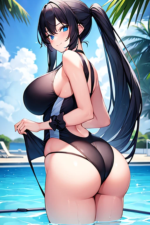 1girl, black hair, long hair, dark blue hair, large breasts, wide hips, thick thighs, ass, from behind, one-piece swimsuit, competitiom swimsuit, black swimsuit, blue trim, blue eyes, submerged, pool, smile