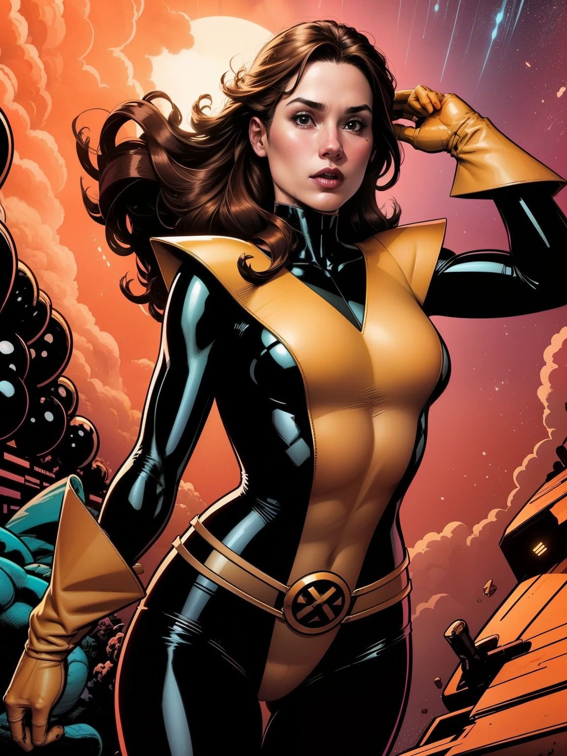 (((A comic style, cartoon art))). Shadowcat Posing for photo in epic heroic pose, wearing his iconic X-Men uniform. The vibrant color combination of the uniform stands out against the background, capturing the dynamic and powerful moment of Kitty Pryde's unique ability. ((Hot Body, camel toes))). ((Abstract Comic background )) , vivid colors, detailed, detailed face, realistic shadows and bright, glowing.