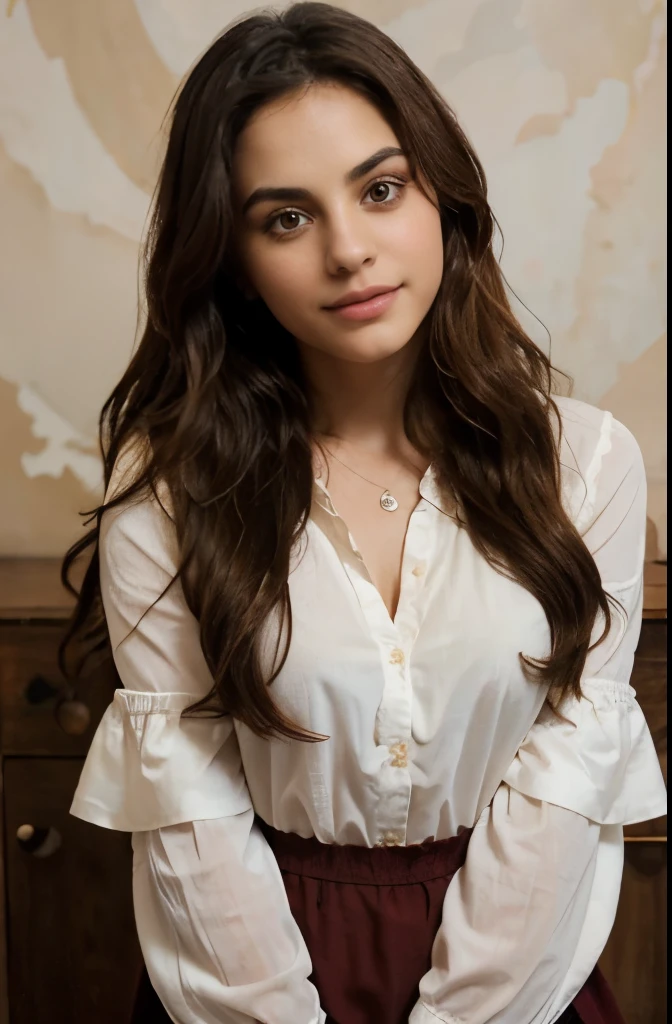 Camila Mendes with long wavy brown hair, dark brown eyes, and a gentle smile, wearing a red blouse with ruffled sleeves, The setting is a bright, minimalist studio with soft natural lighting, The atmosphere is serene and intimate, capturing the woman's warm and approachable demeanor, Photography, A high-resolution DSLR camera with a soft focus lens to enhance the intimate feel, full body