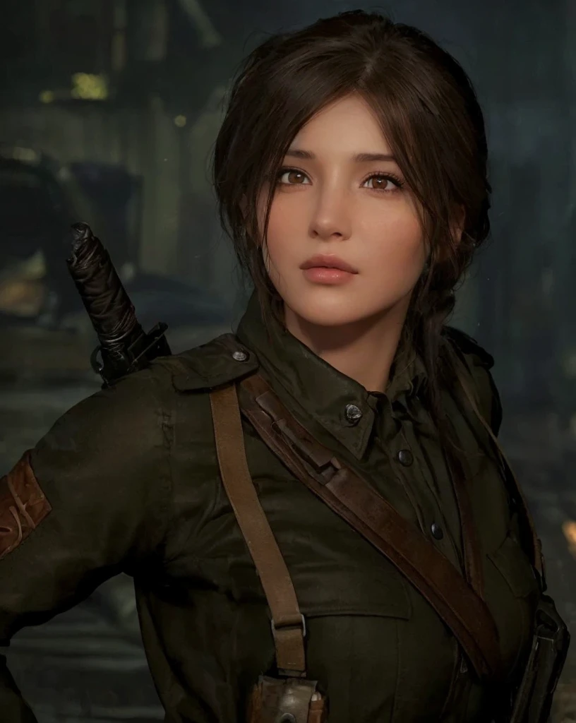 (best quality,ultra-detailed,realistic:1.37),professional,portrait,Lara Croft,perfectly symmetrical face,beautiful clear light brown eyes,perfect makeup
