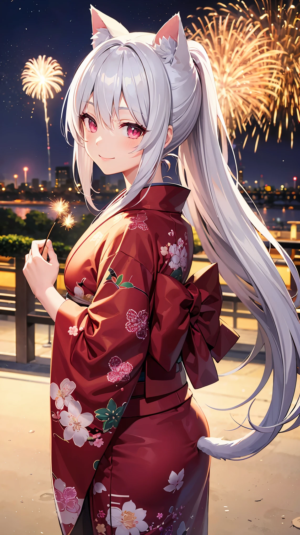 catgirl, cat tail, cat ears, white hair, long hair, ponytail, pink eyes, outside, city, park, japan, tokyo, cherry blossom, beautiful sky, night sky, fireworks, new year, kimono, smile