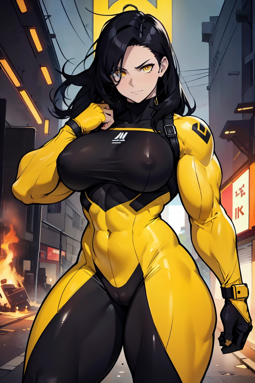 rape face black hair yellow eyes pale skin muscular huge thighs breasts huge muscles toned body woman bodysuit muscular thick