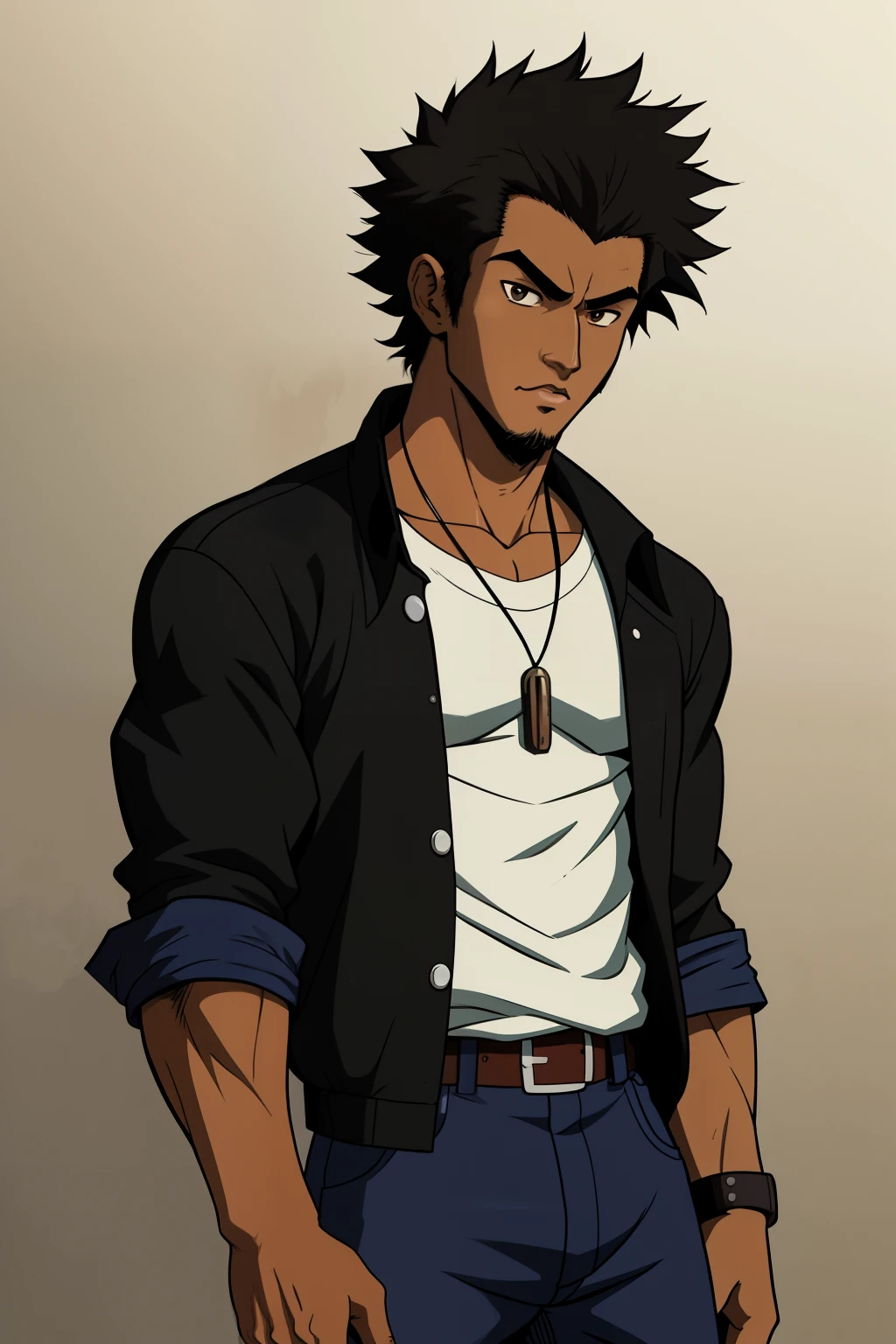 ((estilo anime dos anos 90)), Ultra detailed illustration of a dark-skinned teenage gangster with dark afro hair wearing 1990s clothing, em Los Angeles 1990, ((arte de Masakazu Katsura)), Akira, cowboy bebop, samurai champloo, trigun , Vampire Hunter, rosto ultra detalhado, linhas de tinta em negrito, cel shaded, cores suaves e suaves, lomographic colors, vintage quente, vinheta escura