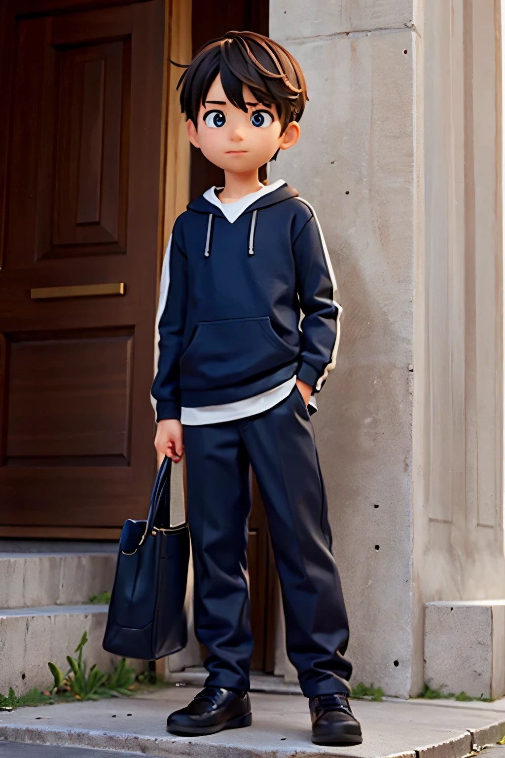 BOY WITH HALF A TECHNOLOGICAL BODY, PREDOMINANT COLORS OF CLOTHES ARE BLUE AND BLACK