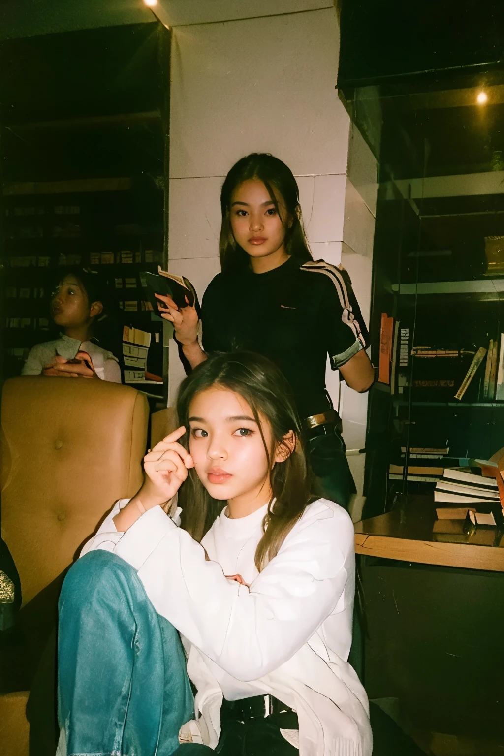 photos from the 90s、korean girl in a bookstore, stylish, long hair