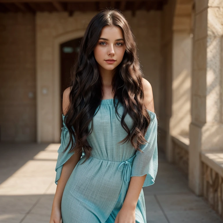 Young woman with a perfect face and long black wavy hair cascading down to her shoulders, showcasing a fair complexion and captivating turquoise eyes. She is an actress with an elegant and graceful silhouette, fully visible in a high-quality, realistic image. Her flowing locks frame her delicate features, which are accentuated by the natural light casting subtle shadows and highlights. Her attire is simple yet sophisticated, allowing her natural beauty to shine through. The background is blurred, drawing all attention to her, as she exudes confidence and allure in this complete, captivating image.