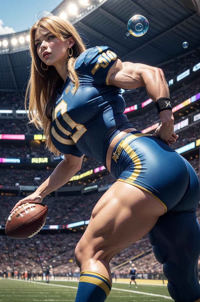 1980's, giantess, female, living inflatable, B41100n, inflating 500 ft tall stocking_anarchy, makeup, extra long hair, earrings, halo, (blow bubble gum:1.2), (American Football blue and gold uniform), (padded football pants with open fly), (blue and gold football cleats), (huge breast expansion), (muscle inflation:0.9), (hyper muscular legs), (hyper muscle:1.5), (blow bubble gum), pleasurable look on face, (outdoor all female football stadium), running towards camera